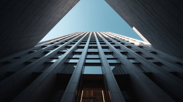 Soaring modern skyscraper facade with geometric patterns and clear blue sky, capturing urban ambition and architectural grandeur. - Powered by Adobe