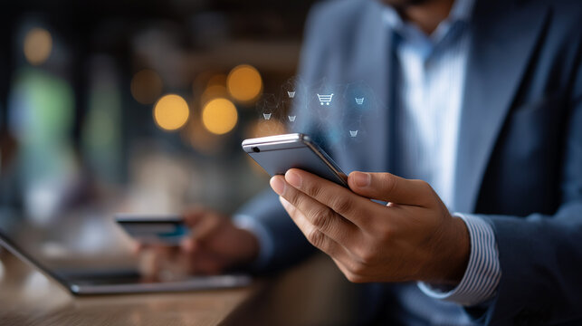Faceless businessman using smartphone for digital payment defocused fintech icons background secure online shopping interface e commerce transaction processing mobile banking