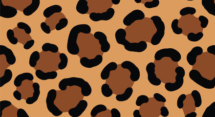 Flat vector seamless leopard skin pattern with organic rounded rosette spots on warm tan background. Solid bold colors, clean minimal shapes, no gradients. Perfect for textiles and surface design