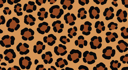 Flat vector seamless leopard skin pattern with organic rounded rosette spots on warm tan background. Solid bold colors, clean minimal shapes, no gradients. Perfect for textiles and surface design