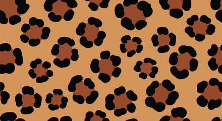 Flat vector seamless leopard skin pattern with organic rounded rosette spots on warm tan background. Solid bold colors, clean minimal shapes, no gradients. Perfect for textiles and surface design