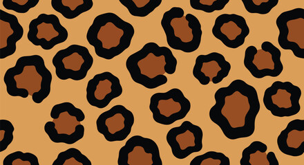 Flat vector seamless leopard skin pattern with organic rounded rosette spots on warm tan background. Solid bold colors, clean minimal shapes, no gradients. Perfect for textiles and surface design
