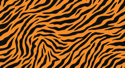 Flat vector seamless tiger stripe pattern using long flowing stripes in bold contrast. Solid warm orange and black colors, clean minimal shapes, no gradients. Ideal for textile and branding