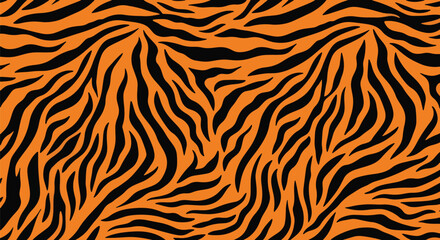 Flat vector seamless tiger stripe pattern using long flowing stripes in bold contrast. Solid warm orange and black colors, clean minimal shapes, no gradients. Ideal for textile and branding