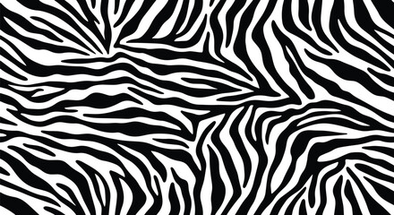 Obraz premium Flat vector seamless zebra pattern with high-contrast black and white curved stripe shapes. Solid fills, clean geometry, no gradients. Perfect for fashion prints and surface packaging