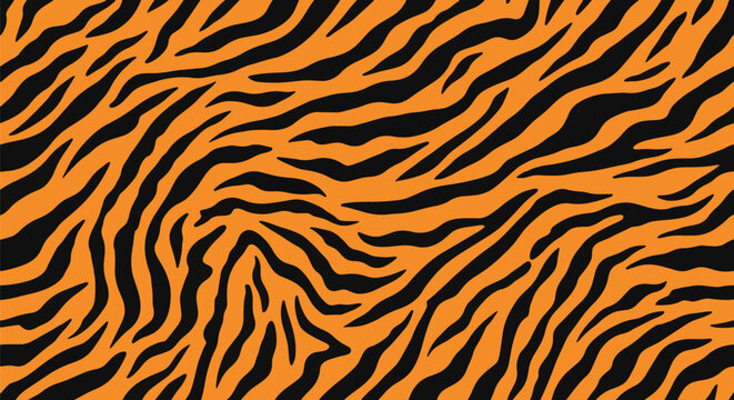 Flat vector seamless tiger stripe pattern using long flowing stripes in bold contrast. Solid warm orange and black colors, clean minimal shapes, no gradients. Ideal for textile and branding