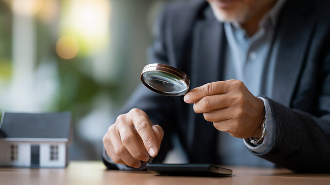 Faceless businessman analyzing mortgage interest rate with magnifying glass defocused smartphone display background real estate housing market data property investment metrics