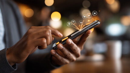 Faceless hand holding smartphone with virtual secure payment icons defocused digital banking background online shopping interface fintech transaction visualization e commerce