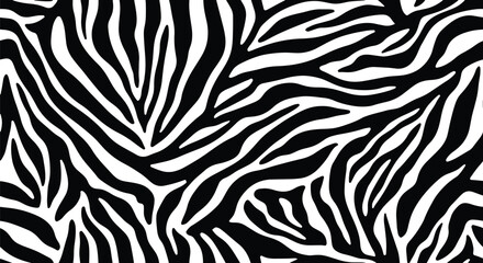 Naklejka premium Flat vector seamless zebra pattern with high-contrast black and white curved stripe shapes. Solid fills, clean geometry, no gradients. Perfect for fashion prints and surface packaging