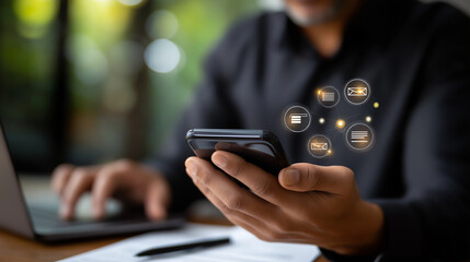 Digital procurement concept faceless businessperson using smartphone defocused contracts invoices approvals background supply chain management interface vendor management