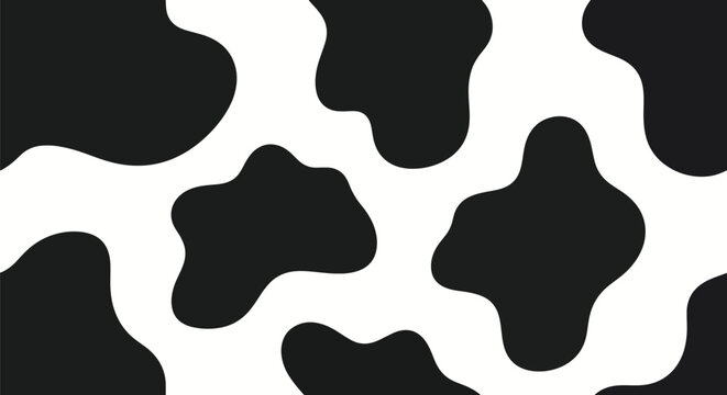 Flat vector cow skin pattern with large smooth shapes, bold black patches on white base. Solid colors, simple abstract pattern, no gradients, seamless repeat. Great for playful branding
