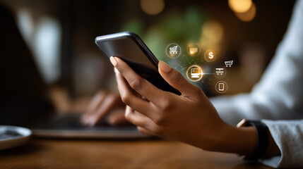 Faceless hand holding smartphone with virtual secure payment icons defocused digital banking background online shopping interface fintech transaction visualization e commerce