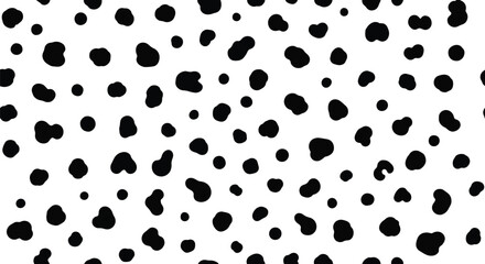 Flat vector dalmatian pattern with scattered soft round spots in irregular spacing. Solid black on white, clean minimal look, seamless repeat, no gradients. Perfect for cute packaging