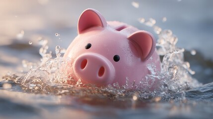 Playful pink piggy bank splashes through water, symbolizing financial challenges or a fresh start in a dynamic, engaging scene with soft, warm lighting.