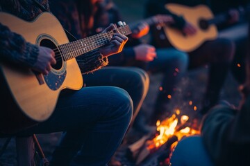 Obraz premium Group of friends jamming together with guitars and drums