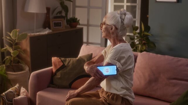 Medium shot of slim senior woman with wrinkly skin, wearing short sleeved top, checking smartphone app after measuring blood sugar level at home, while managing prediabetes condition in old age