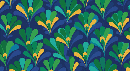 Flat vector peacock feather pattern using teardrop shapes and circular accent centers. Solid bold colors, no gradients, seamless repeat. Elegant and decorative nature theme