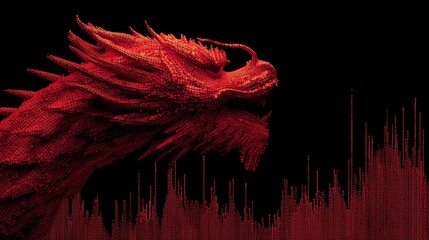 Dynamic digital dragon sculpture emerges from abstract red data streams on a stark black background, symbolizing technology and power