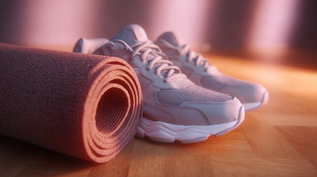 Athletic shoes positioned next to a rolled yoga mat on a wooden floor, creating a serene workout environment for fitness enthusiasts and promoting healthy lifestyle choices