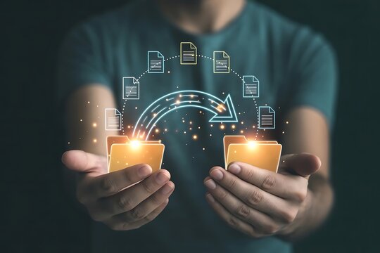 Information exchange and file transfer concept. Businessman holding folder icon for transfer file of data between folders. FTP (File Transfer Protocol). Files recovery