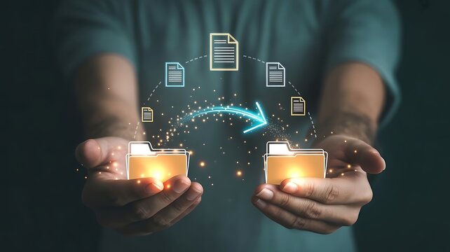 Information exchange and file transfer concept. Businessman holding folder icon for transfer file of data between folders. FTP (File Transfer Protocol). Files recovery