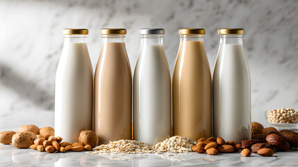 Variety of plant based milk bottles including almond oat soy and nut milk arranged on marble background for vegan nutrition concept

