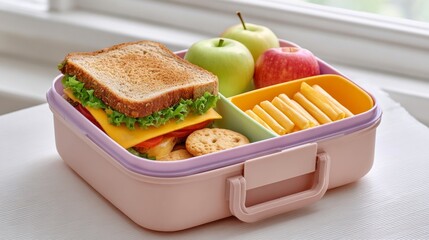Colorful lunchbox filled with a sandwich, cheese sticks, cookies, and fresh apples, showcasing a vibrant and healthy meal option for children or adults