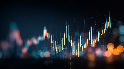 Dynamic financial market data visualization with vibrant glowing candlestick charts and bokeh city lights creates a modern, professional, and engaging business analytics backdrop.