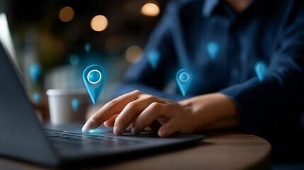 Faceless business person working on local SEO strategy defocused digital marketing icons background location targeting interface online visibility optimization local search ran