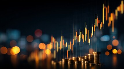 Dynamic financial growth visualized with glowing stock market charts and stacks of coins against a blurred cityscape backdrop, symbolizing investment success and economic prosperity.
