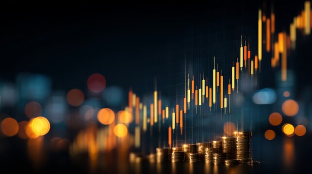 Dynamic financial growth visualized with glowing stock market charts and stacks of coins against a blurred cityscape backdrop, symbolizing investment success and economic prosperity.
