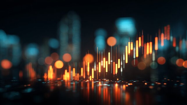 Dynamic financial chart with glowing bars and bokeh city lights evokes growth, success, and modern investment opportunities