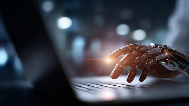 Faceless hand using laptop with AI interface and code defocused virtual programming screen background generative AI development prompt engineering interface artificial