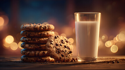 Stack of chocolate chip cookies and glass of milk with warm festive lights celebrating National Milk Day in USA
