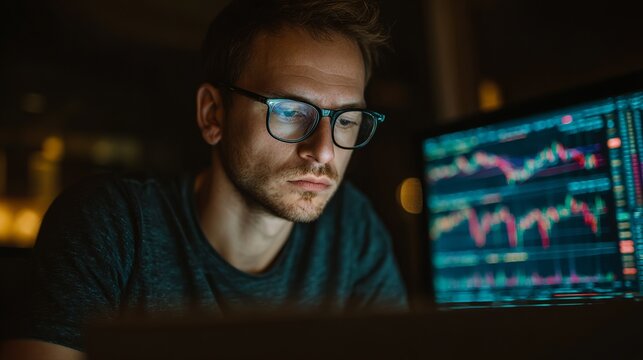 Focused man analyzing dynamic stock market charts on computer screen late at night, conveying intense concentration and business strategy development