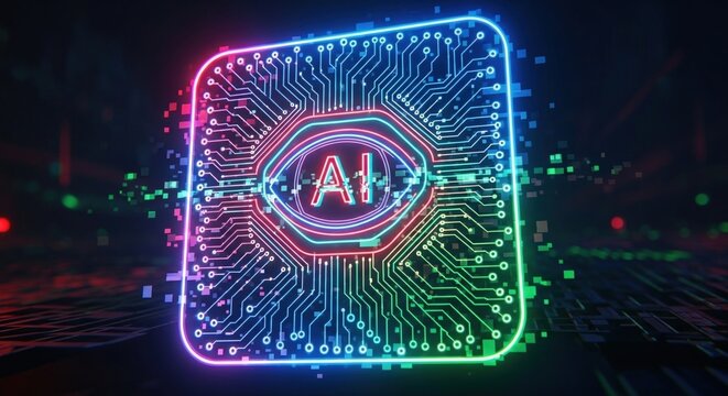 circuit with glowing neon circle on top