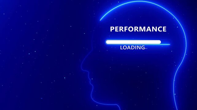 Neon blue outline of a human head profile with the word PERFORMANCE and a loading bar on a dark blue starry background