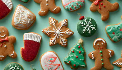 Naklejka premium Flat lay composition with tasty homemade Christmas cookies on green background, space for text