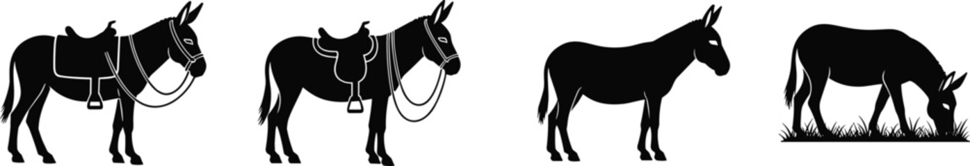 Donkey silhouette set, farm animal vector collection, grazing donkey, saddled mule, rural livestock, agriculture illustration design