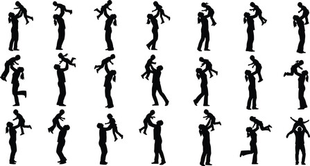 Parents playing with children silhouettes, happy family moments, lifting kids, parenting love vector illustration design