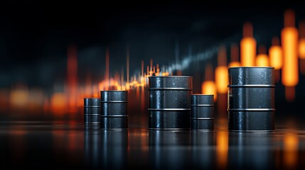 Dynamic oil barrels stacked against a vibrant, abstract stock market graph backdrop conveying financial volatility and industry growth