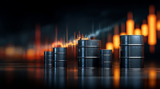 Dynamic oil barrels stacked against a vibrant, abstract stock market graph backdrop conveying financial volatility and industry growth