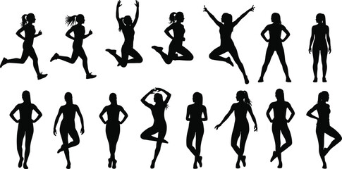 Women silhouette poses, fitness and fashion figure collection, female body movement vector illustration for design