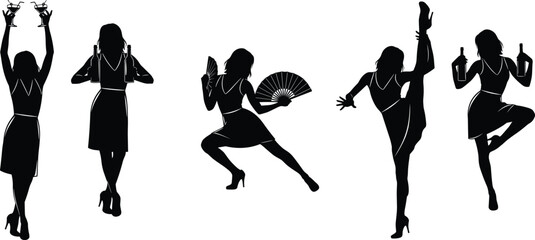Women silhouettes dancing with drinks and fans, elegant party celebration, joyful movement vector illustration design
