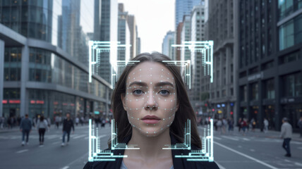 A busy urban street scene filled with pedestrians moving in various directions. Advanced facial recognition graphics overlay multiple faces, showcasing technology's integration in everyday life
