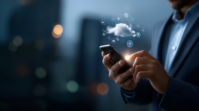 Faceless businessman using smartphone with digital transformation icons defocused cloud computing background data analytics visualization global technology network innovation