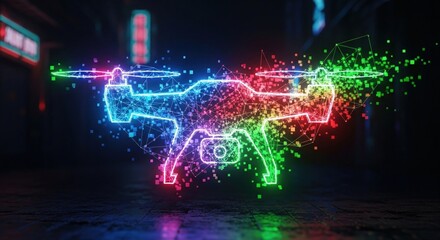 Obraz premium colorful neon colored drone flying over city