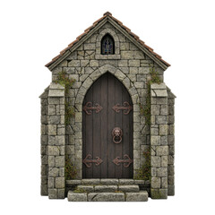 Fototapeta premium Mysterious stone building with an old wooden door and a lion knocker
