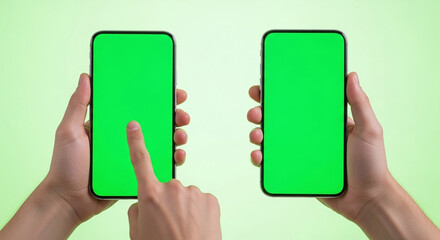 Two hands holding smartphones with green screen technology for app promotion display