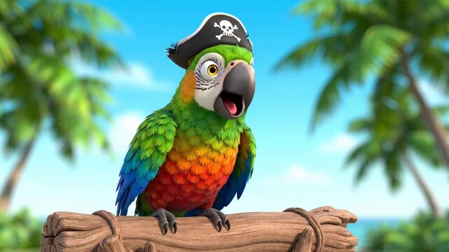 A vibrant cartoon parrot wearing a pirate hat, cheerful and colorful.